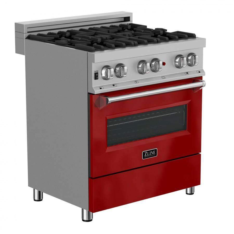 Dual fuel range three-quarter view with stainless cooktop, red oven body, and control knobs