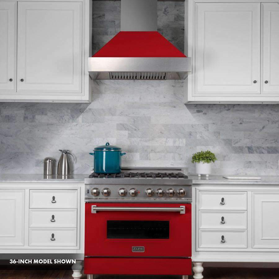 Dual fuel range with satin stainless finish, red matte door and chrome knobs