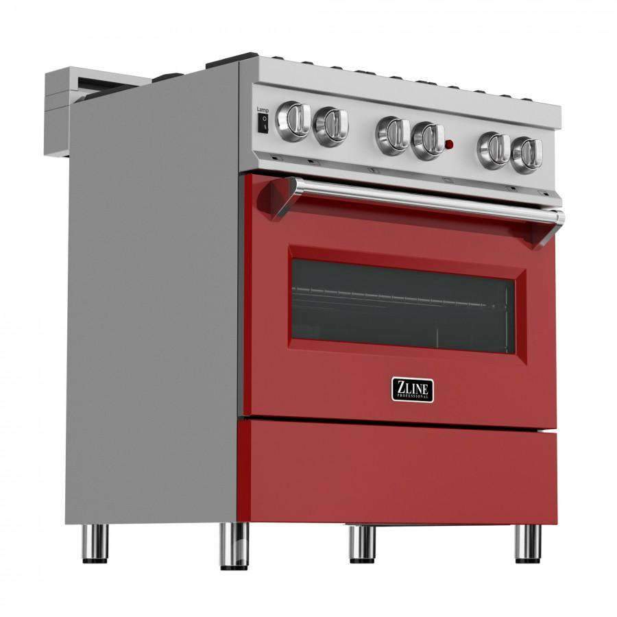 Stainless steel and red dual-fuel range showing oven window and control knobs