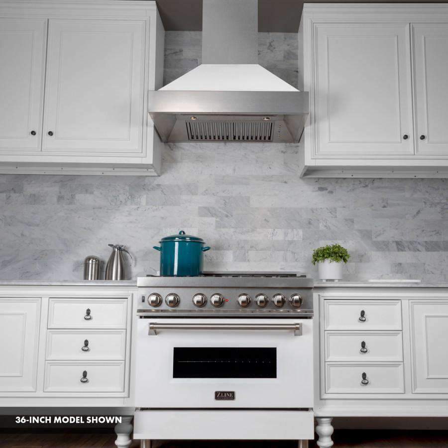 Dual fuel range with stainless cooktop, black oven window, and white matte oven door.