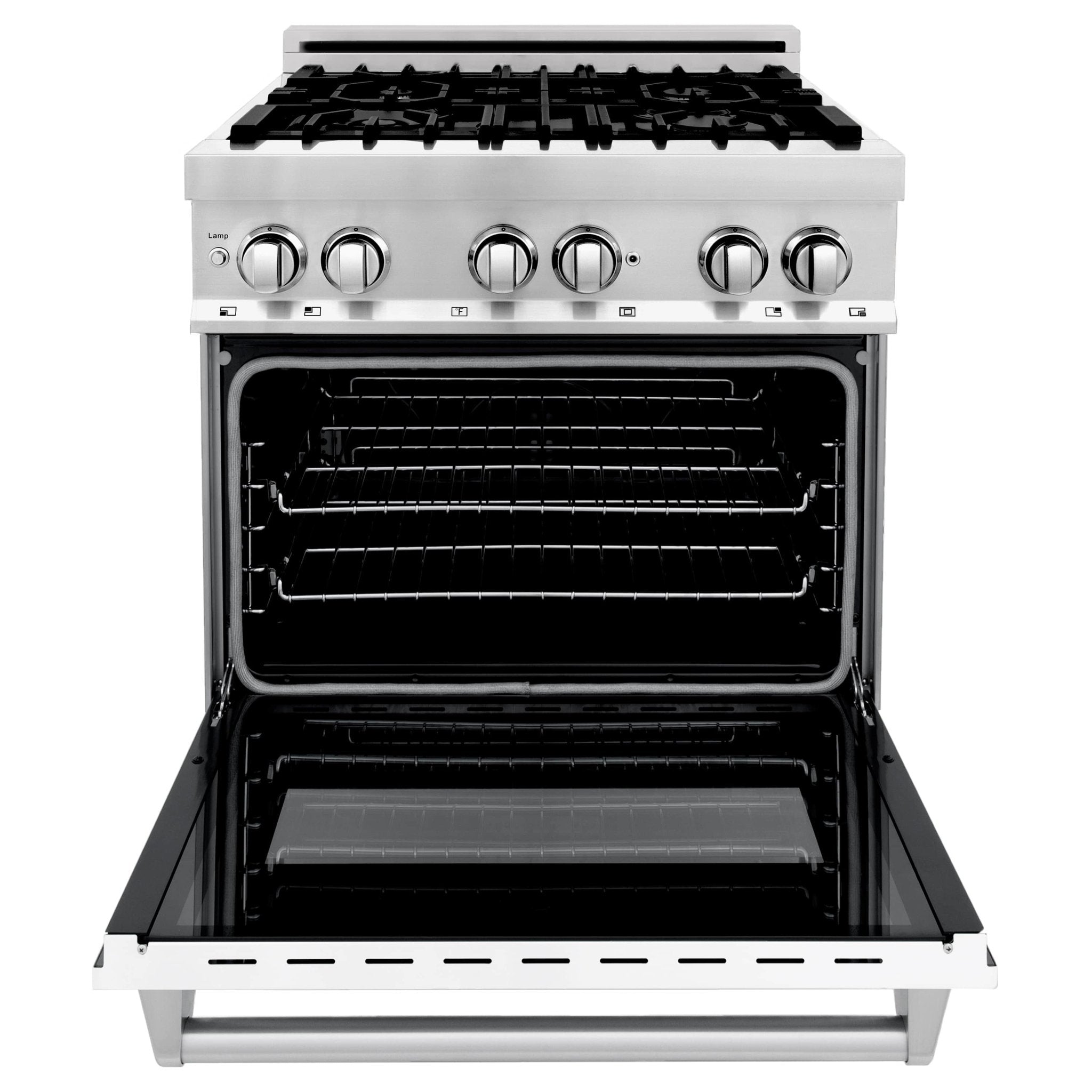 White dual fuel range with black oven door and open storage drawer