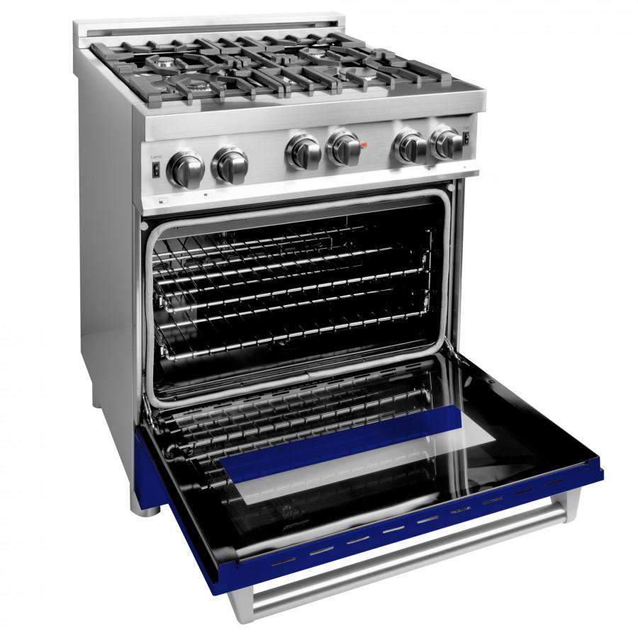 Stainless gas range with open oven door showing racks, blue base panel