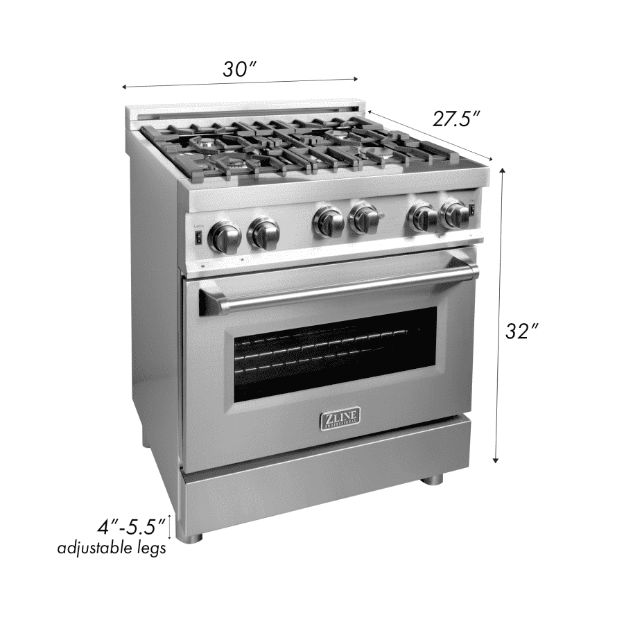 Stainless gas range with blue oven door, black grates, control knobs, and dimensions