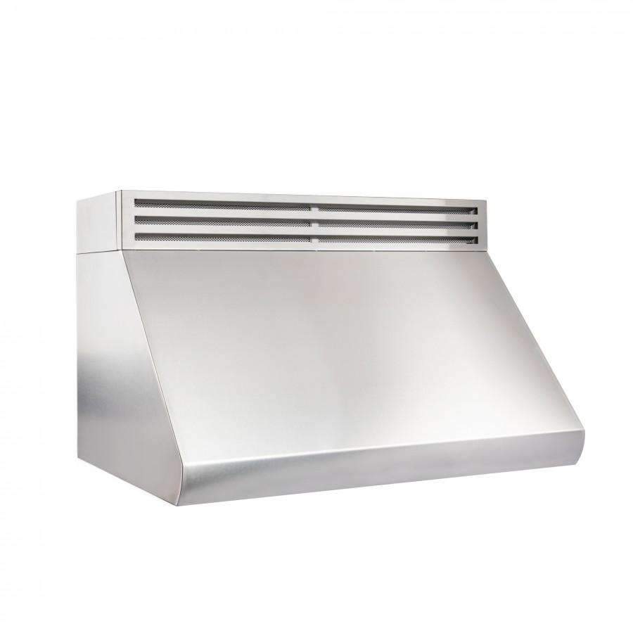 Stainless steel under-cabinet range hood with louvered vent and curved front panel