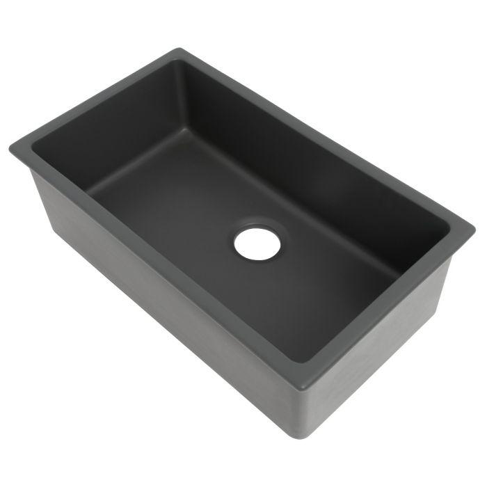 Charcoal single-bowl fireclay kitchen sink with centered drain opening