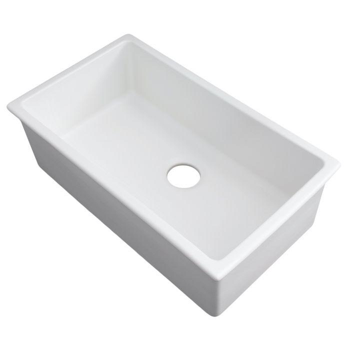 Matte white rectangular fireclay sink basin with round drain opening