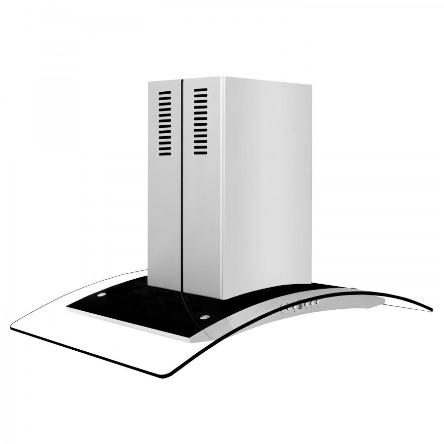 Stainless steel island range hood with curved black glass canopy and tall chimney
