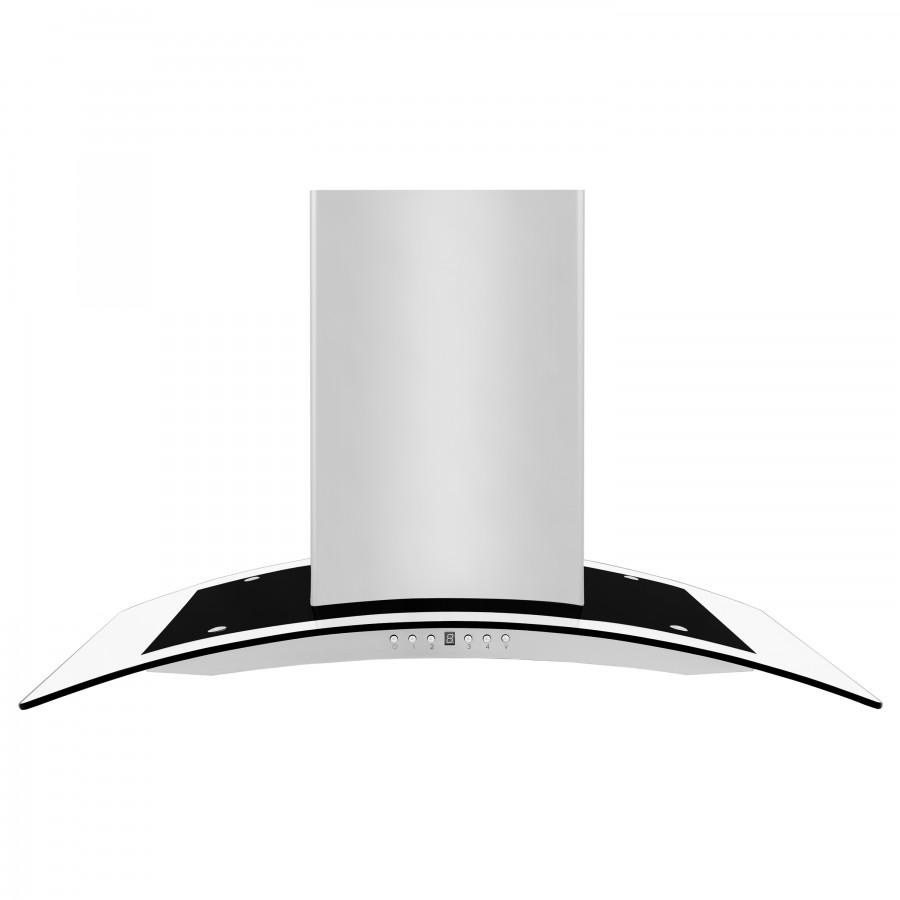 Stainless steel island range hood with curved black trim and vertical chimney column