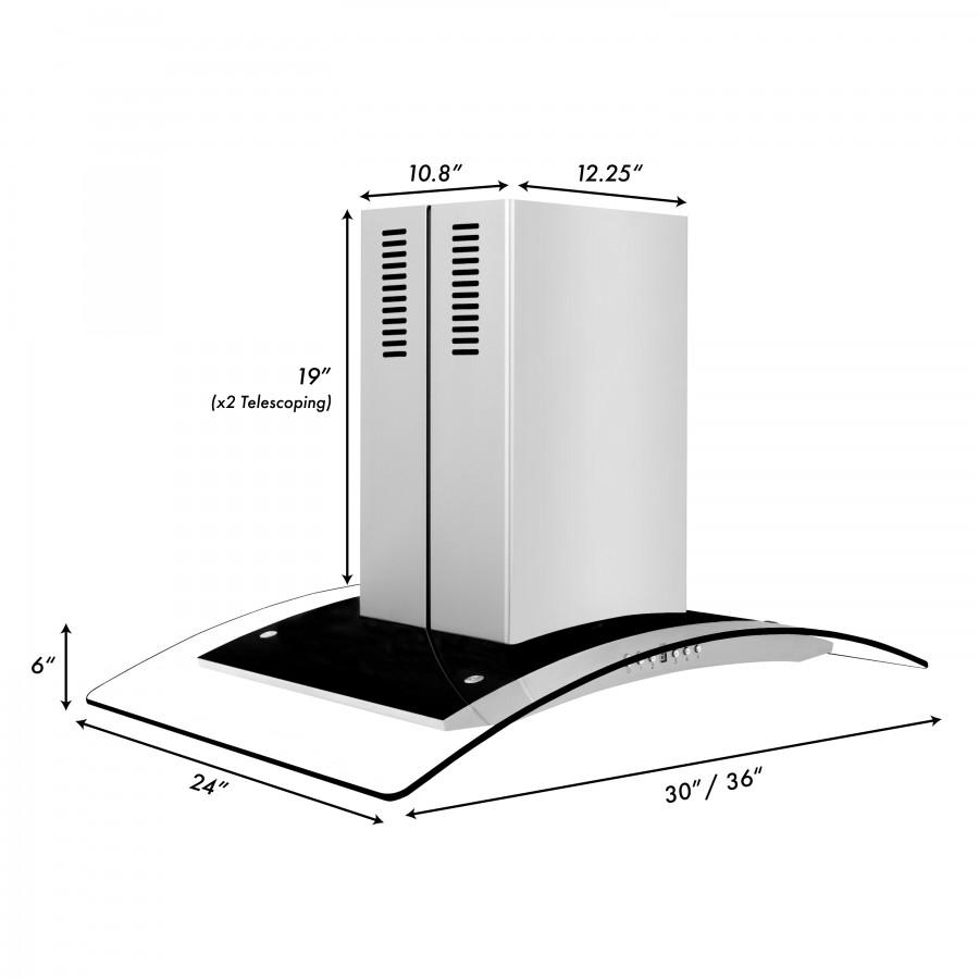 Stainless steel island range hood diagram with telescoping chimney and curved base