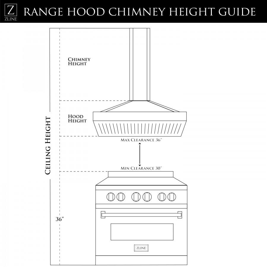 Ceiling height guide diagram for range hood chimney with clearance labels