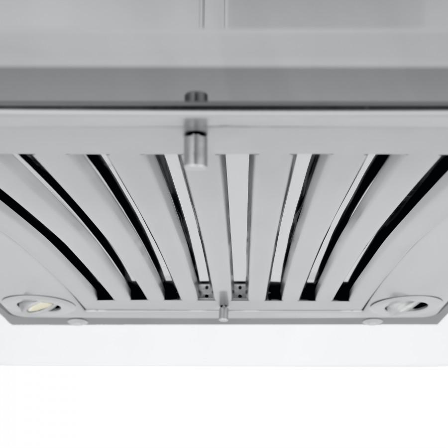 Range hood interior underside with baffle channels and two recessed lights
