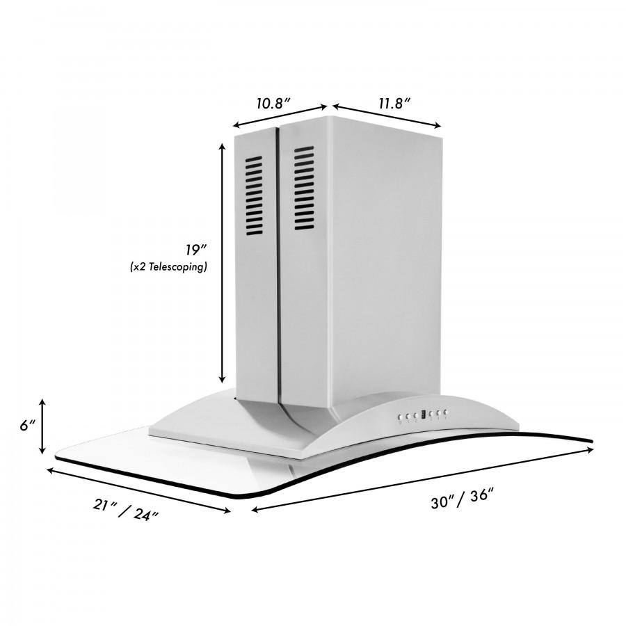 Range hood installation dimensions diagram with width, height, and clearance measurements
