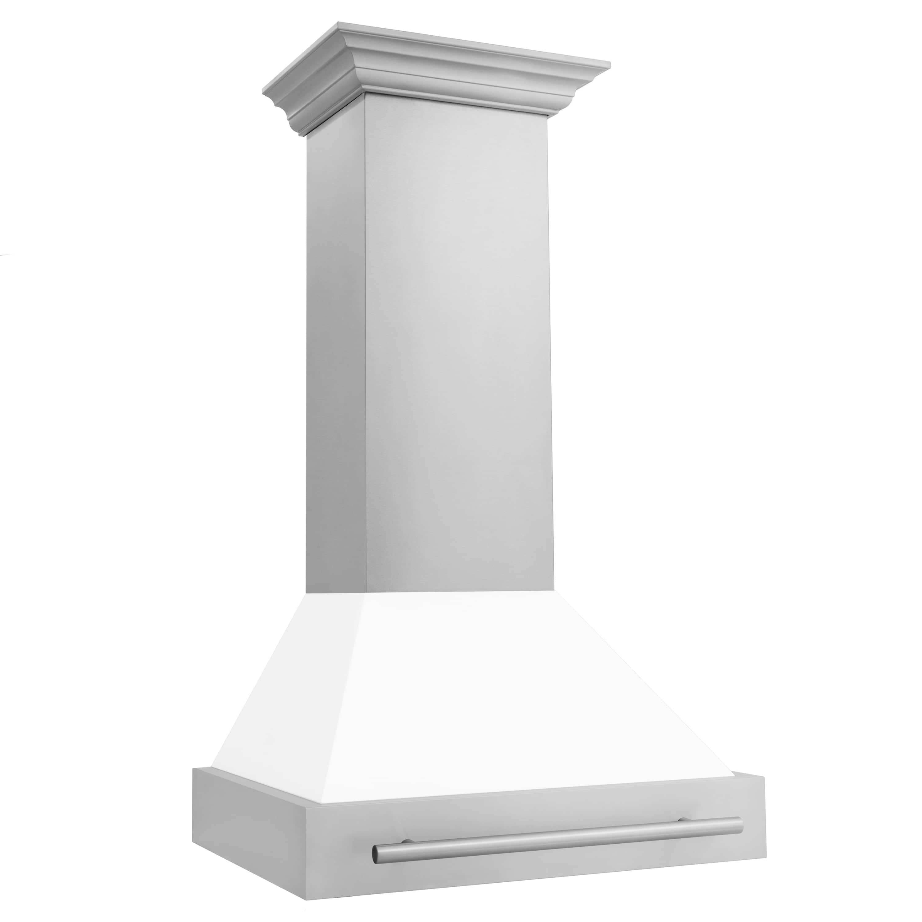 White matte wall mount range hood with stainless handle and vented drawer front