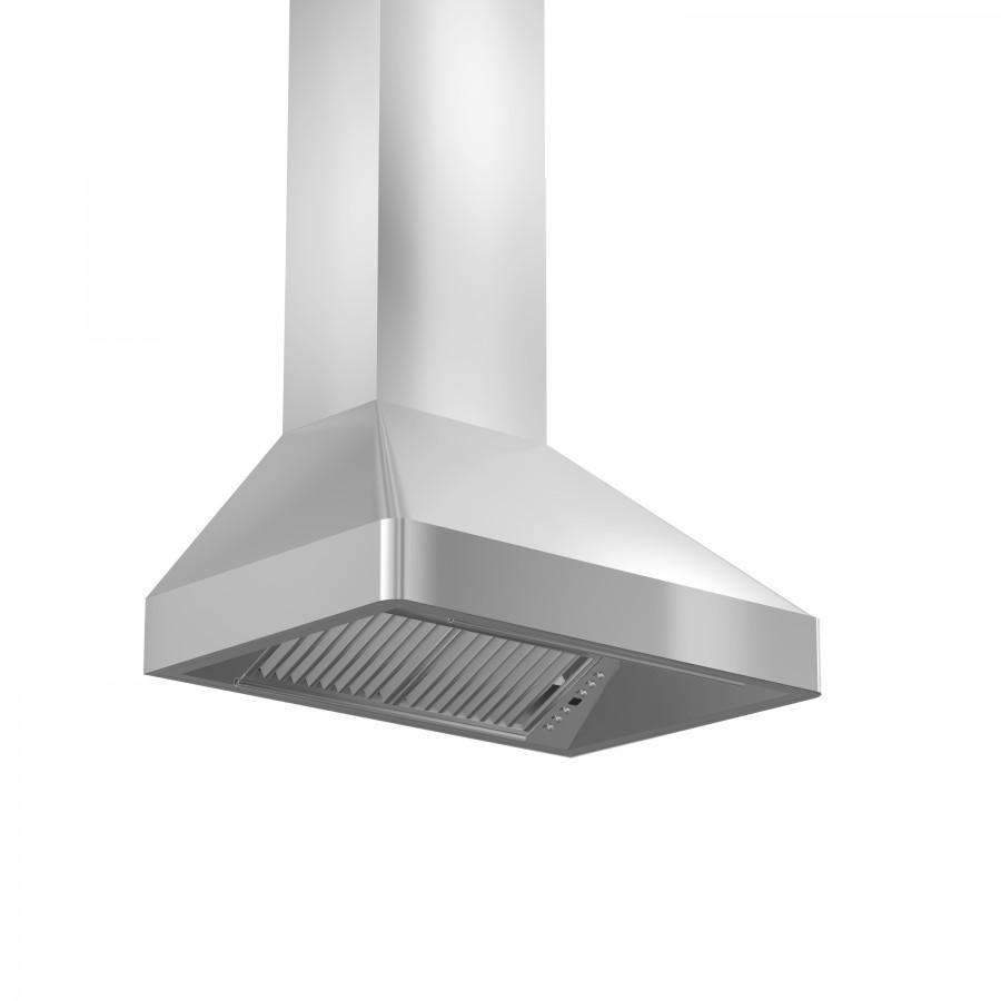 Stainless steel range hood with front vent grille and recessed control panel