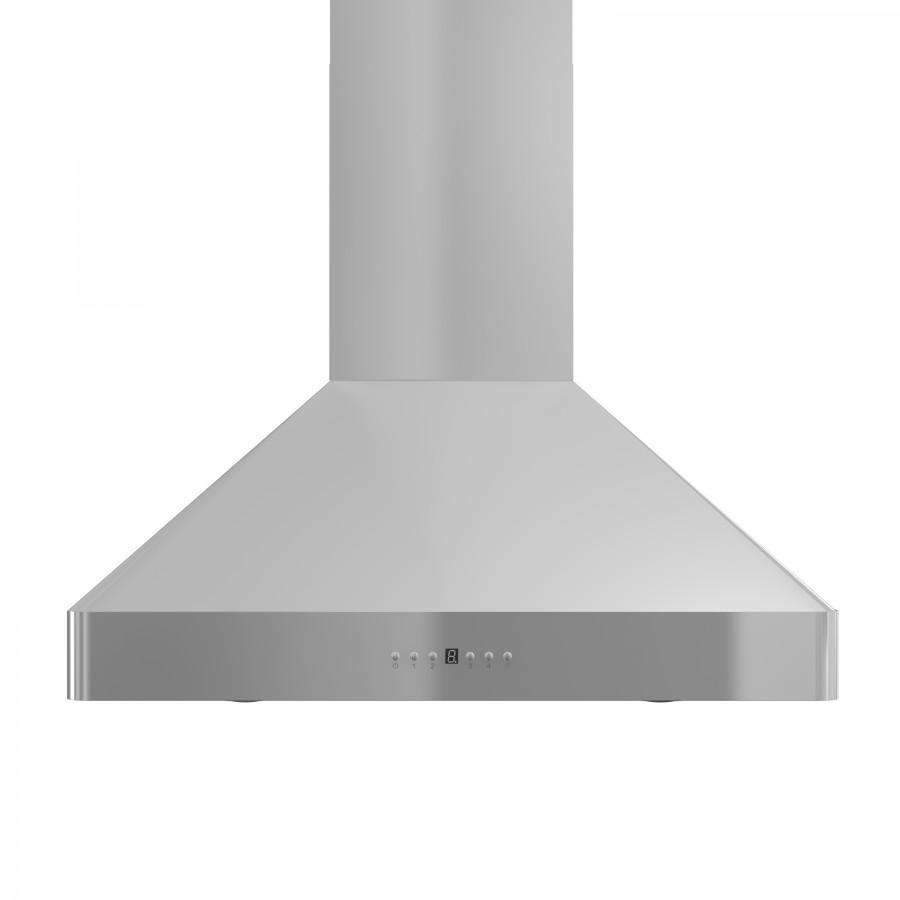 Stainless steel wall range hood front panel with control buttons and flat canopy