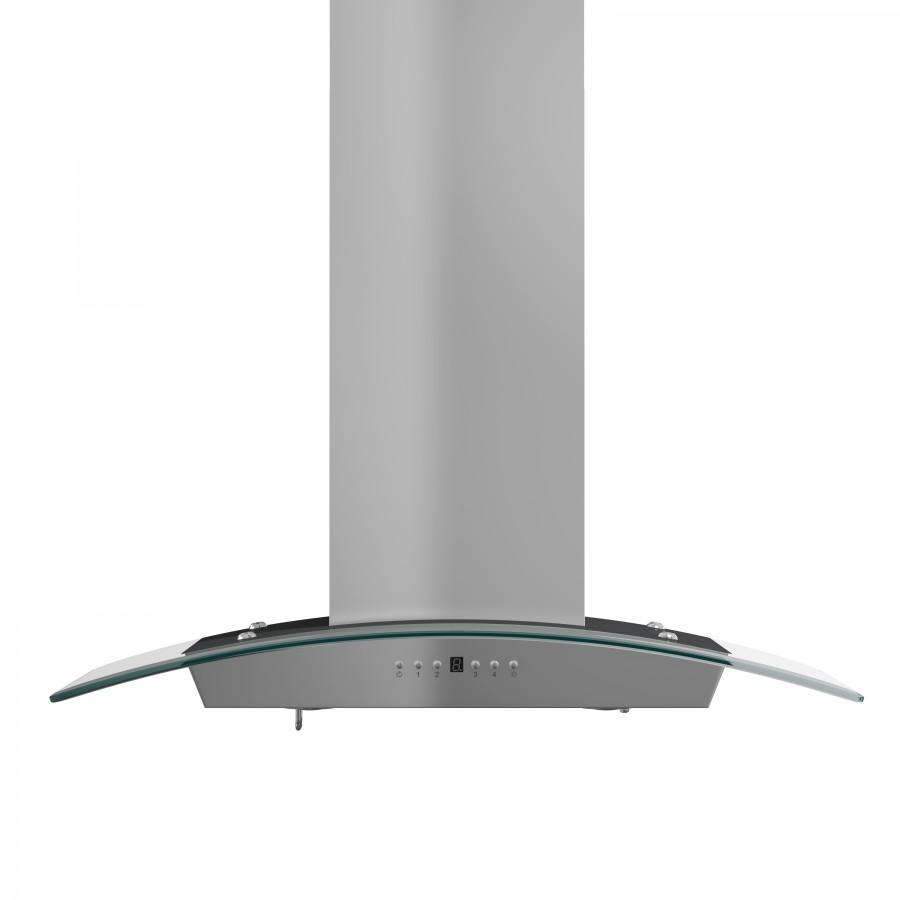 Stainless wall range hood with chimney and curved glass canopy, front view