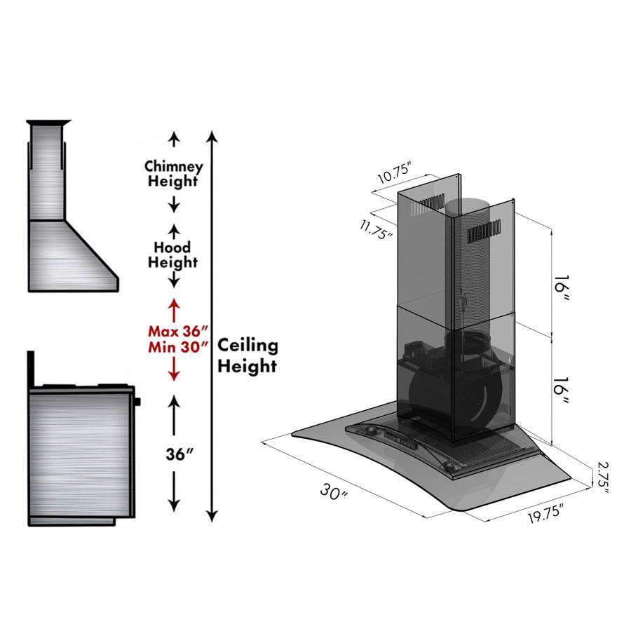 Wall range hood installation clearance diagram for 30-inch model