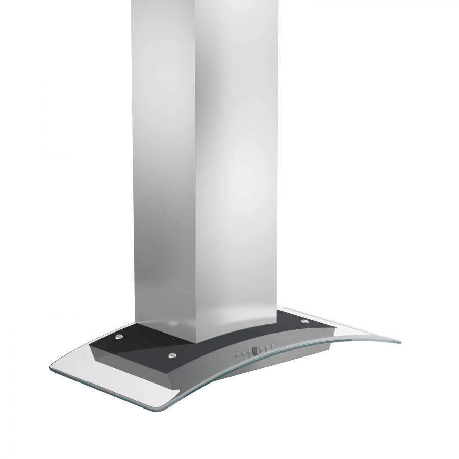 Curved glass and stainless wall range hood base with chimney attachment points