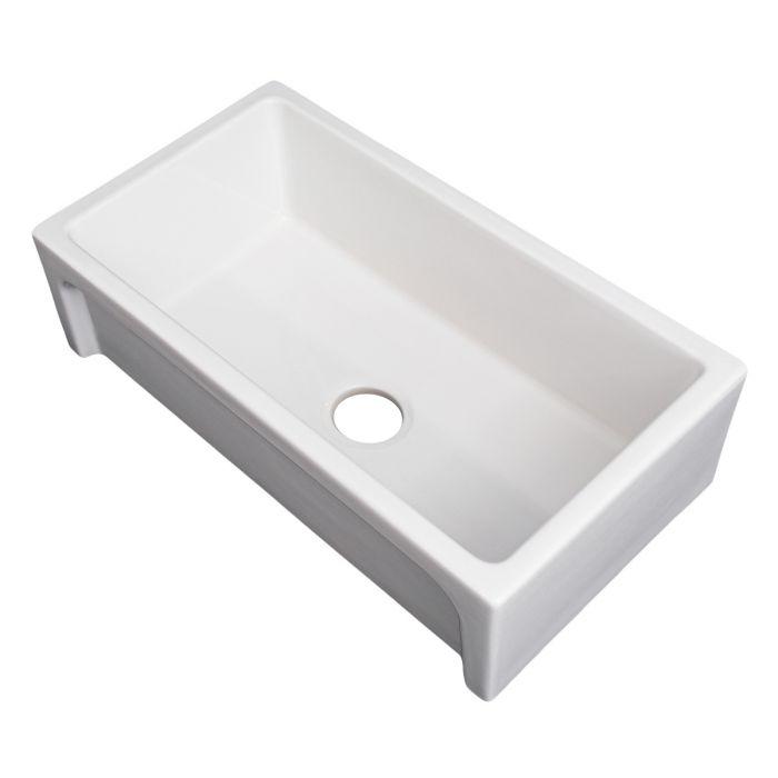 White gloss single-bowl fireclay sink with apron front and round drain opening