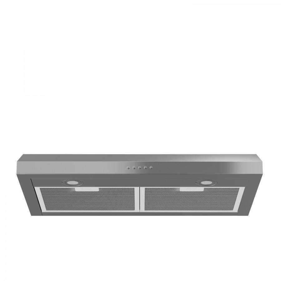 Stainless steel under-cabinet range hood front with two removable mesh grease filters.