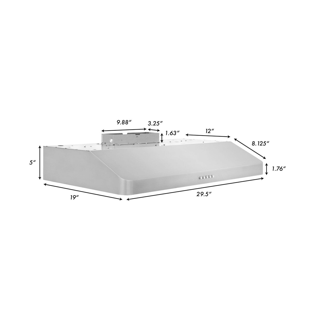 Stainless range hood dimensions diagram with height, length, and depth labels