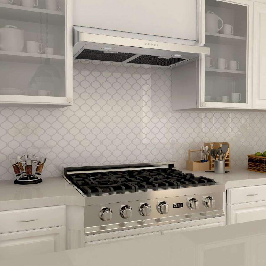 Under-cabinet range hood with stainless finish above gas cooktop and knobs