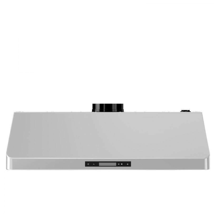 Stainless steel under-cabinet range hood front view with control buttons