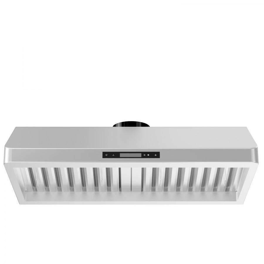 Stainless steel under-cabinet range hood underside with baffle vents