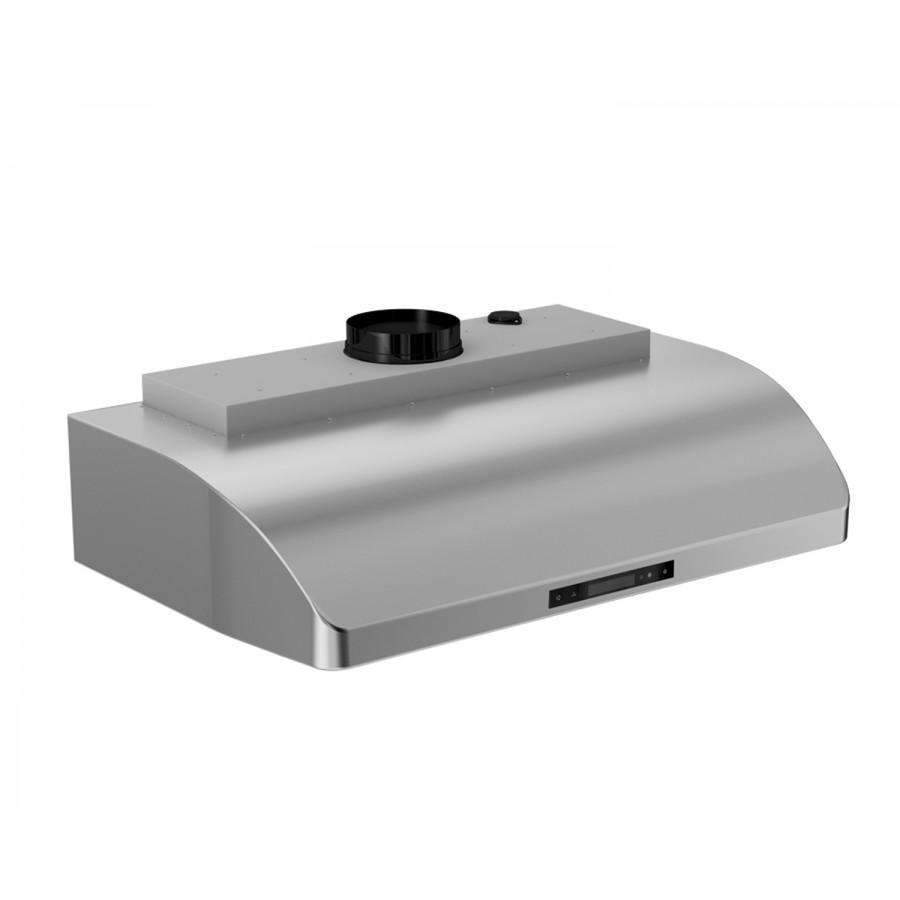 Stainless steel under-cabinet range hood with black vent collar and control panel