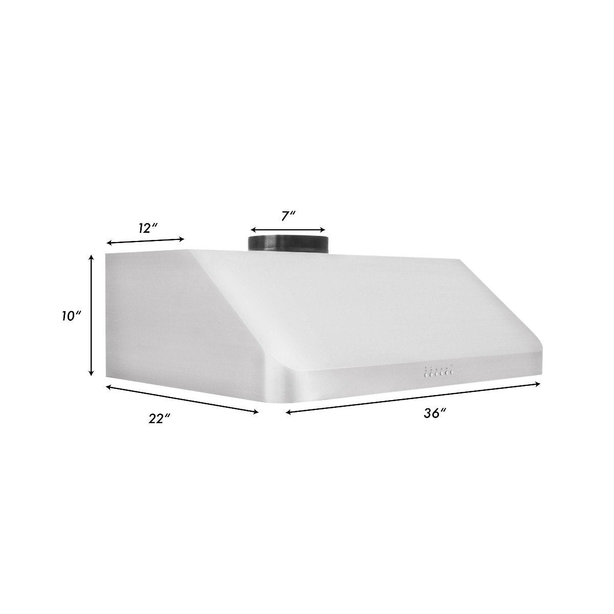 Stainless steel under-cabinet range hood, angled canopy with vent ports