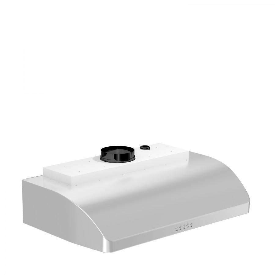 Stainless steel under-cabinet range hood with curved canopy and top duct outlet