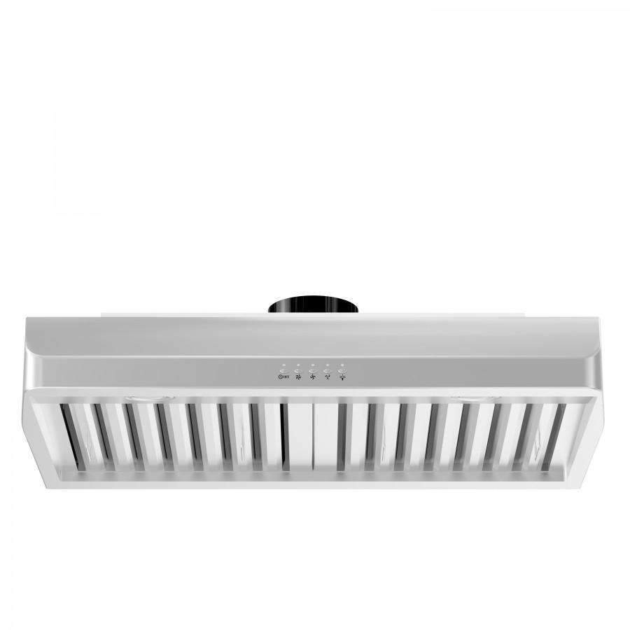Stainless steel under-cabinet range hood with front grille and control buttons
