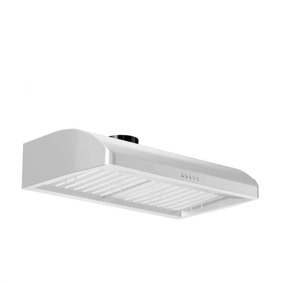 Under-cabinet stainless steel range hood with removable filter area and top duct