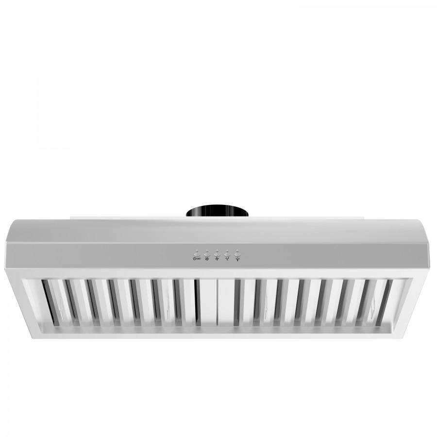 White under-cabinet range hood with front ventilation slots and central duct
