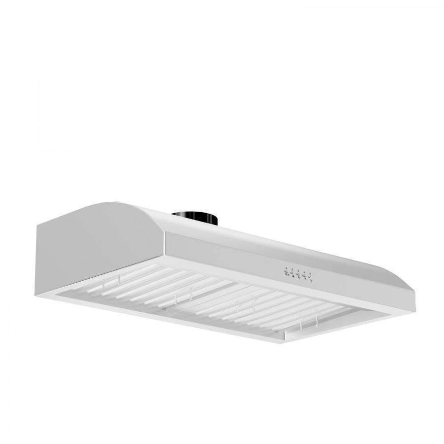 White under-cabinet range hood with underside vent grille and control lights