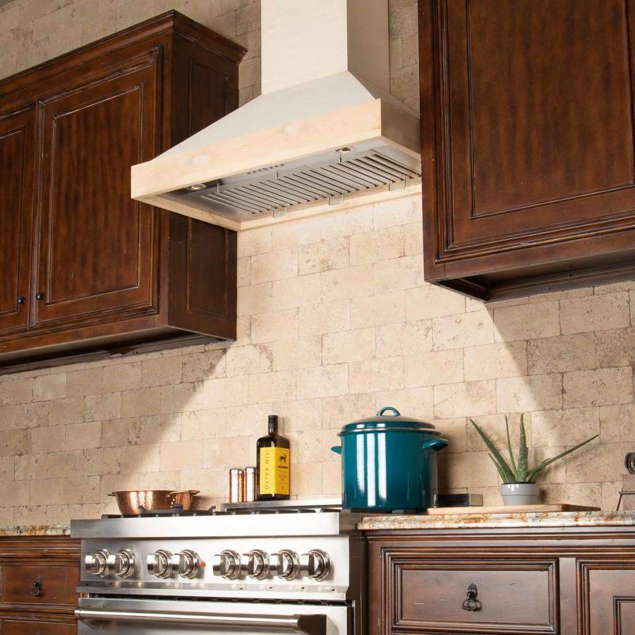 Wall mount range hood with light wood hood body and stainless vent filters
