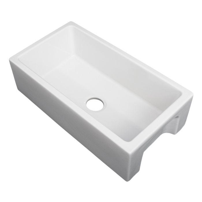 White single-bowl fireclay sink basin with drain hole