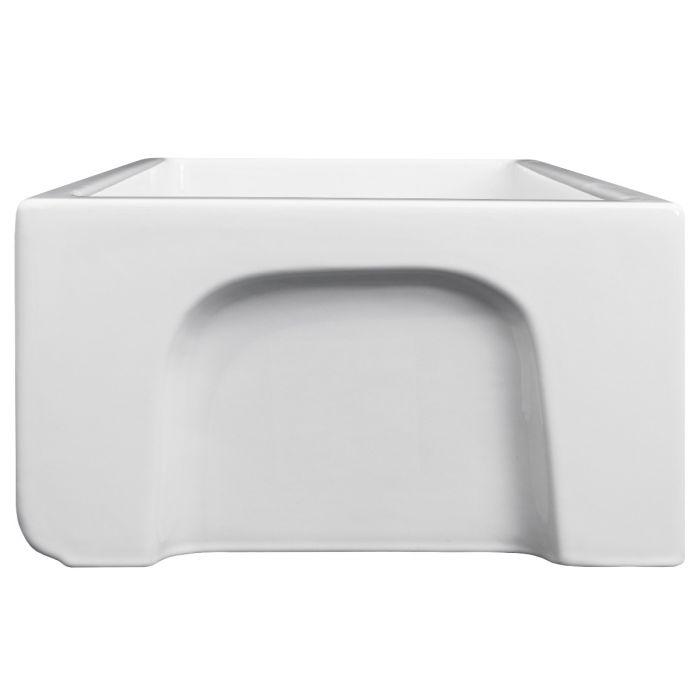 White single-bowl sink with rounded apron edge and recessed drain area