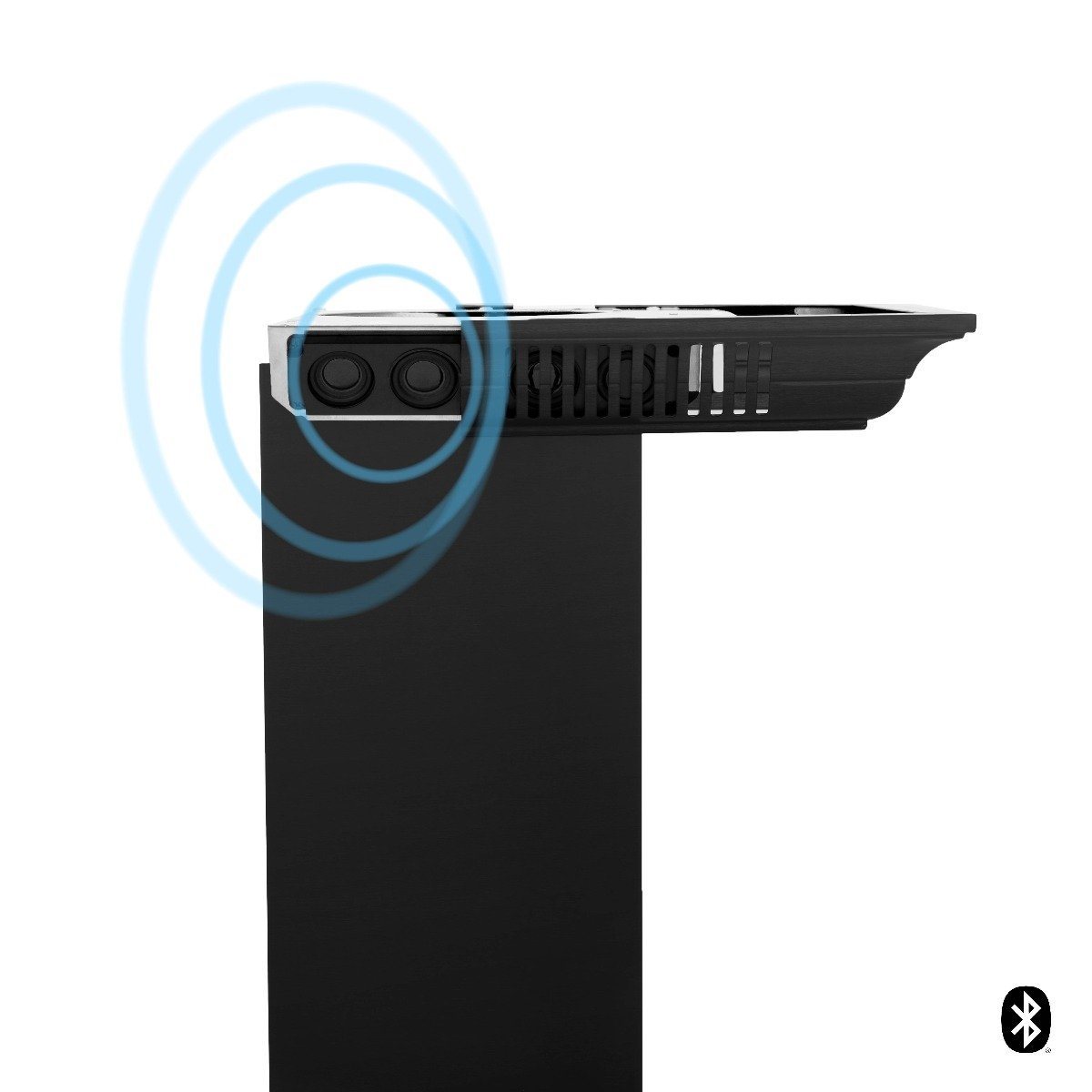 Black wall-mount range hood showing built-in Bluetooth speaker grille and controls