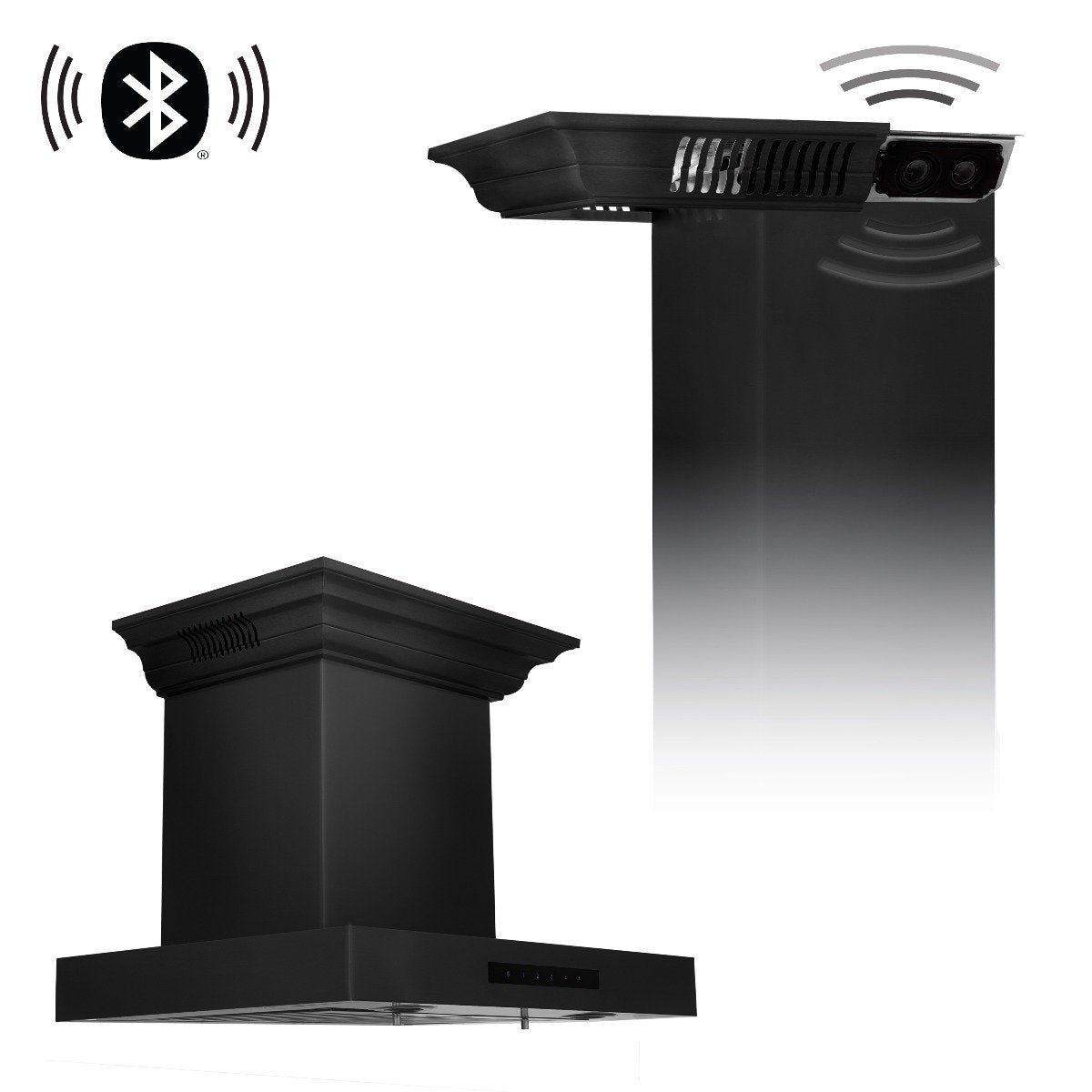 Black wall-mount range hood with built-in Bluetooth speakers and top vent grill
