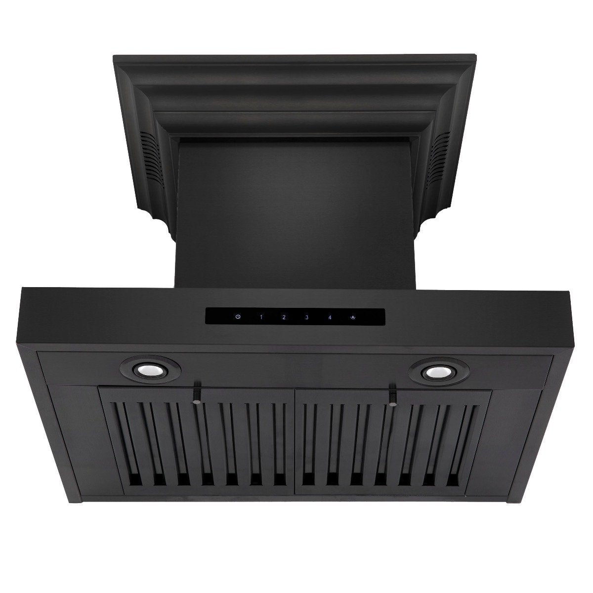Black wall-mount range hood with front vent grilles and circular fan light