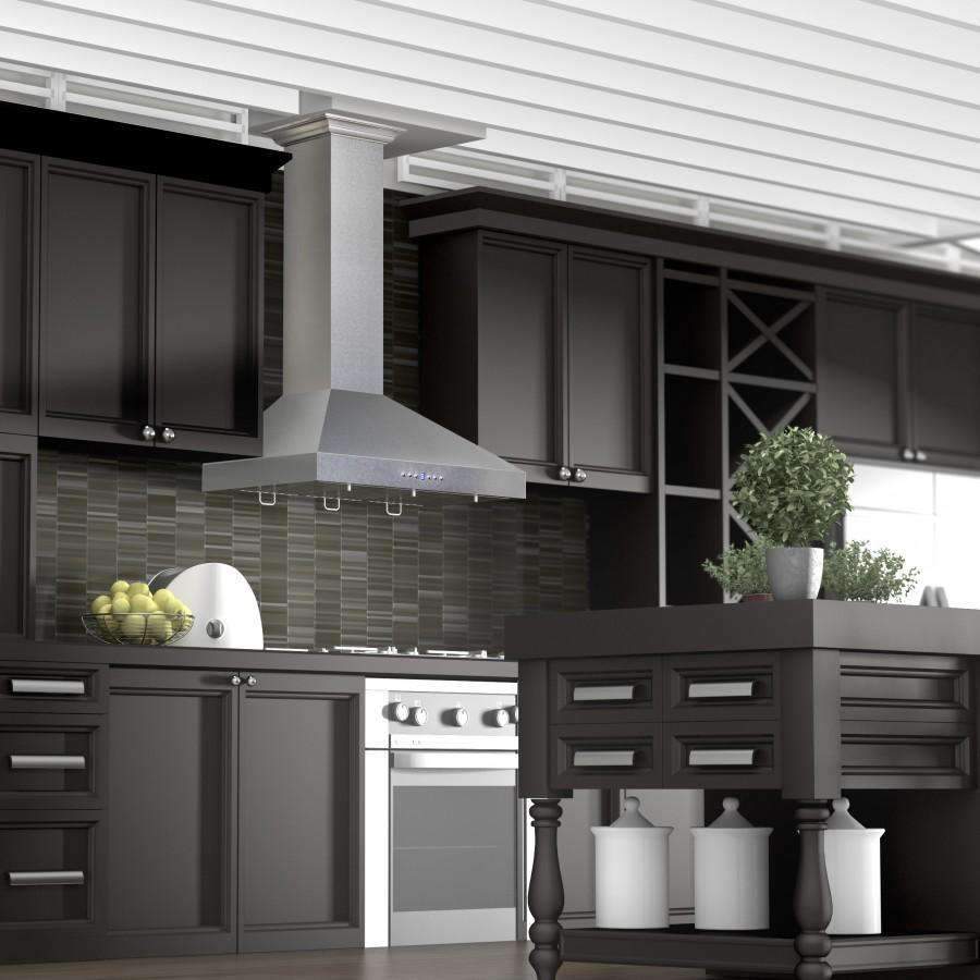 Wall-mount range hood installed over a stove in a dark wood kitchen