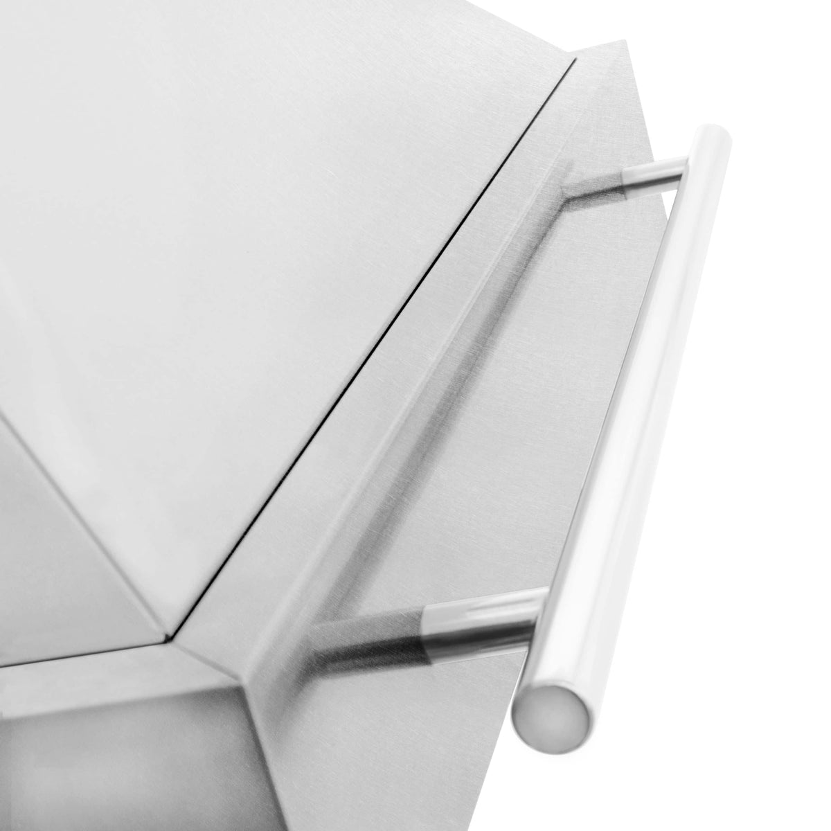 Satin stainless steel range hood chimney corner with front handle bar detail