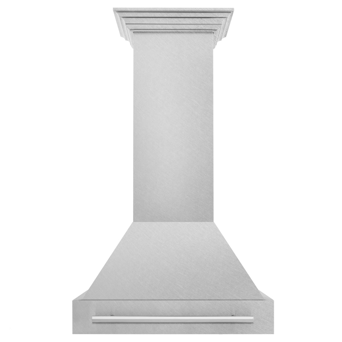Satin stainless steel wall mount range hood with chimney top and front handle bar