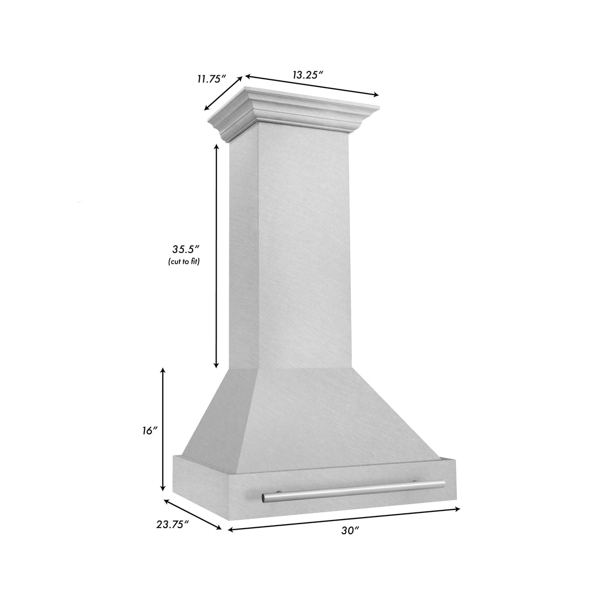 Satin stainless steel wall mount range hood showing size measurements and chimney profile