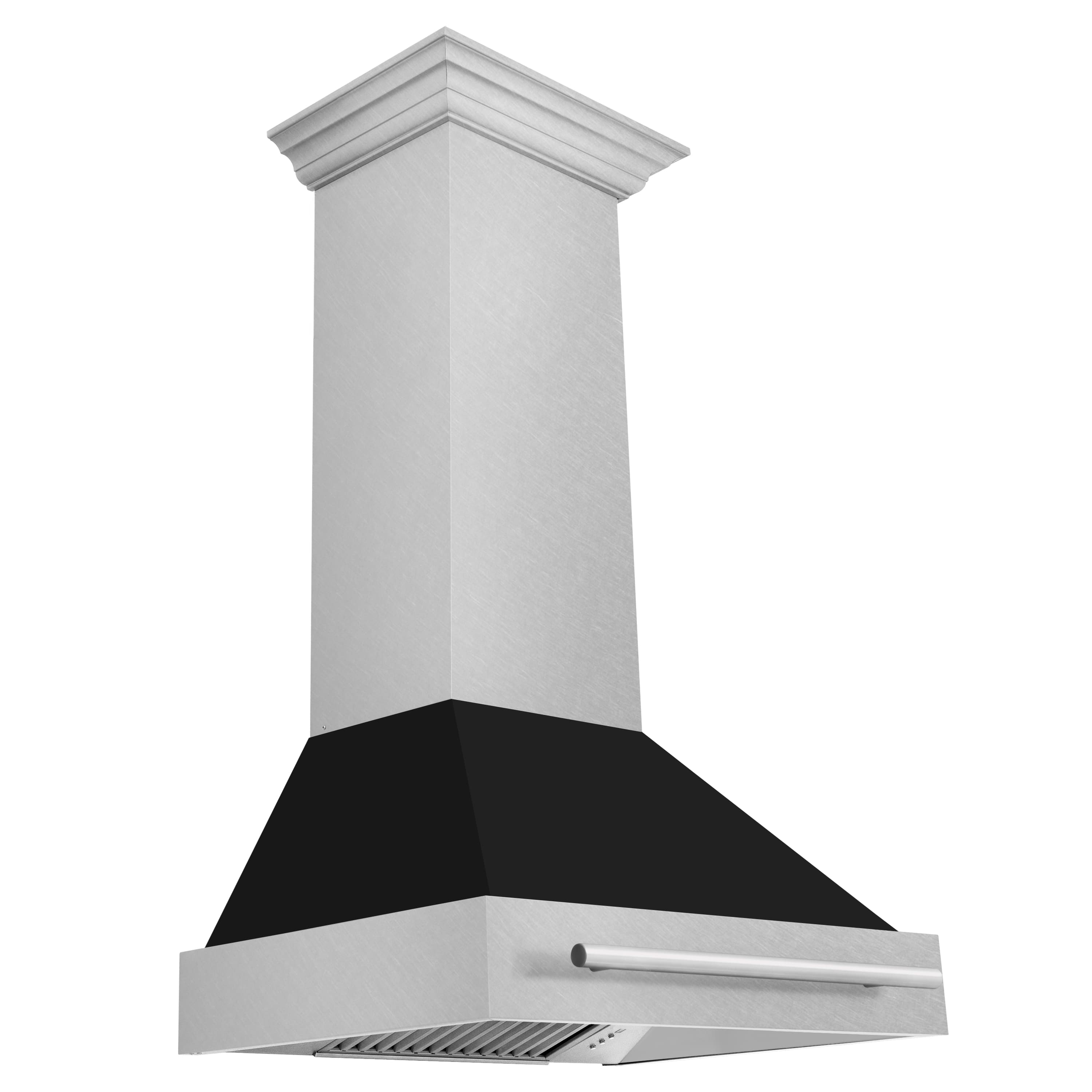 Wall mount range hood with satin stainless chimney and black matte canopy, front vent grille