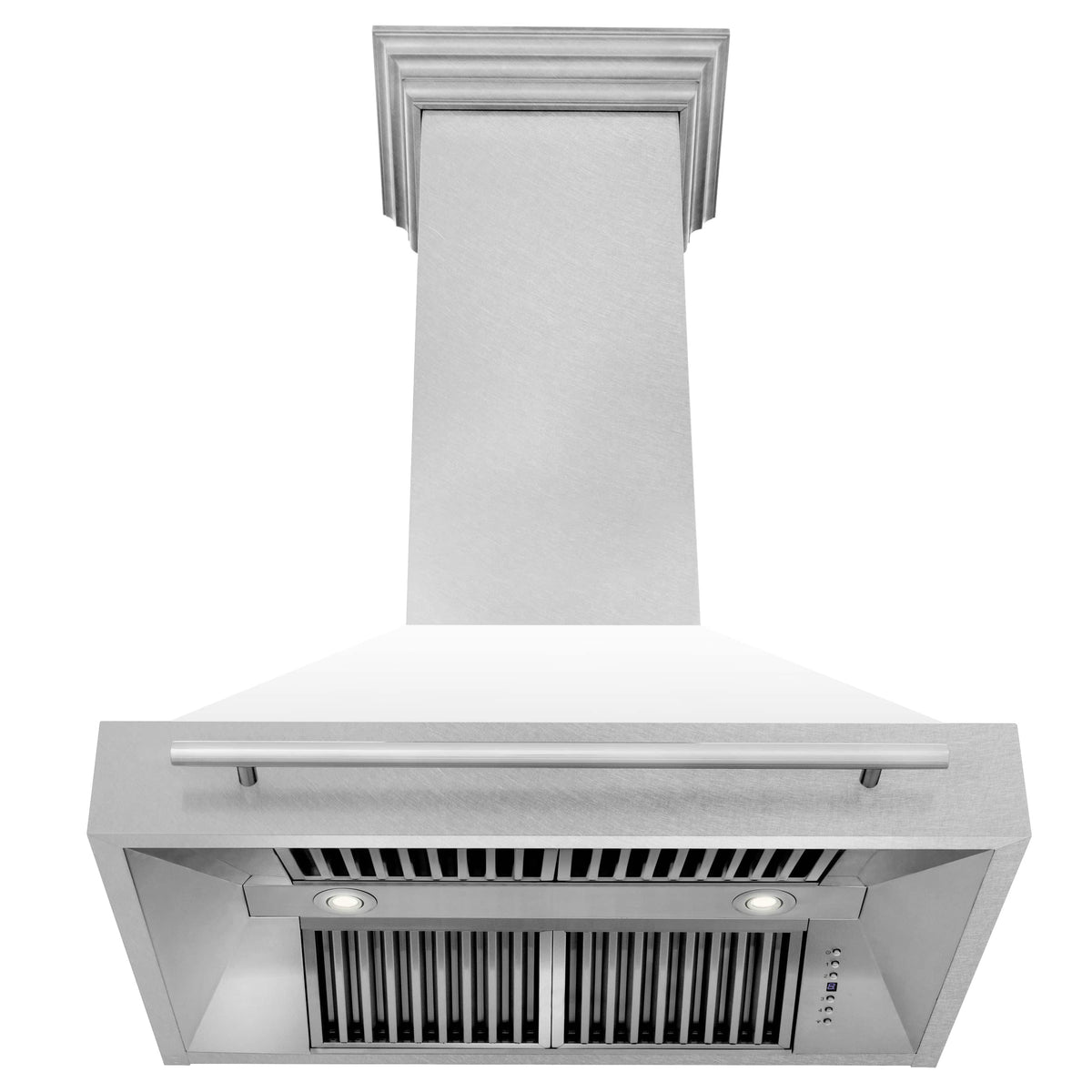 Wall mount range hood with stainless baffle filters, grille, and two round lights