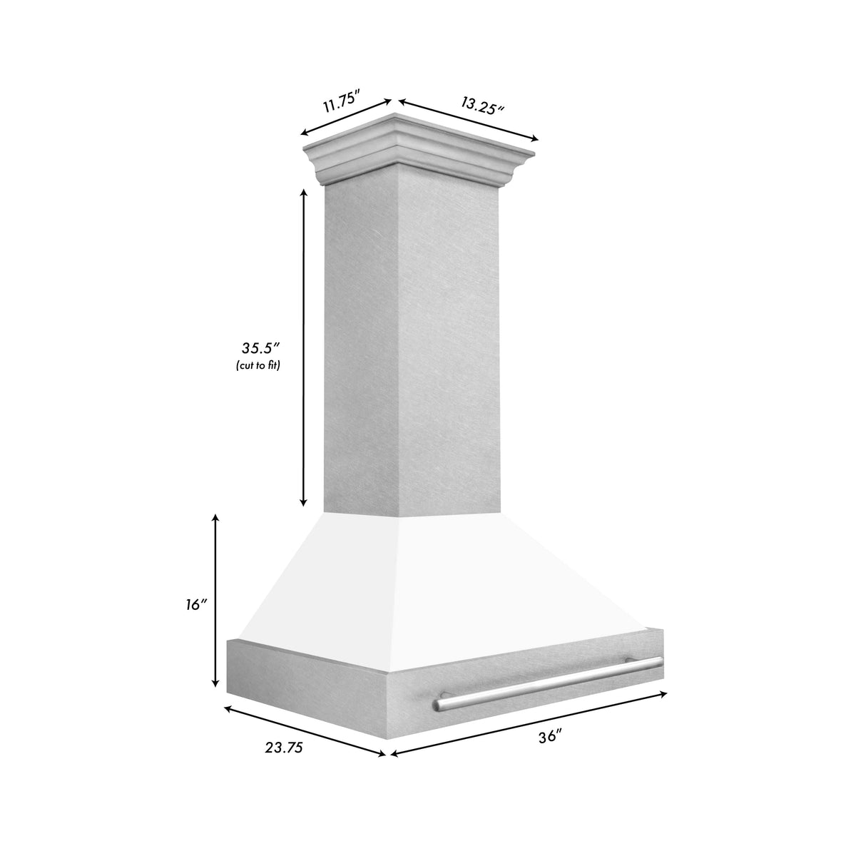 Wall mount range hood dimension diagram with chimney height and hood measurements