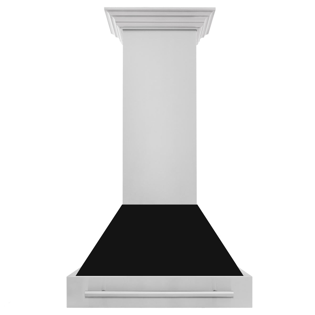 ZLINE wall mount range hood, stainless body with black matte flue and metal handle