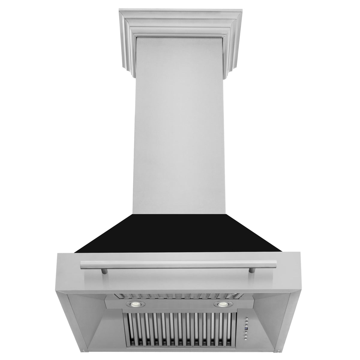 ZLINE wall mount range hood, stainless chimney with black canopy and vented filter drawer